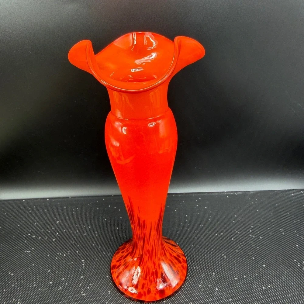 Vintage Czech Art Glass Ruffled Vase Orange Bohemian Mid Century Modern 8in